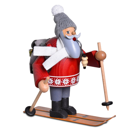 KWO Räuchermann Ski Wanderer 21198 aus der Serie Die Bärtigen, handgefertigte Holzfigur aus dem Erzgebirge auf Skiern mit Rucksack und Pfeife.