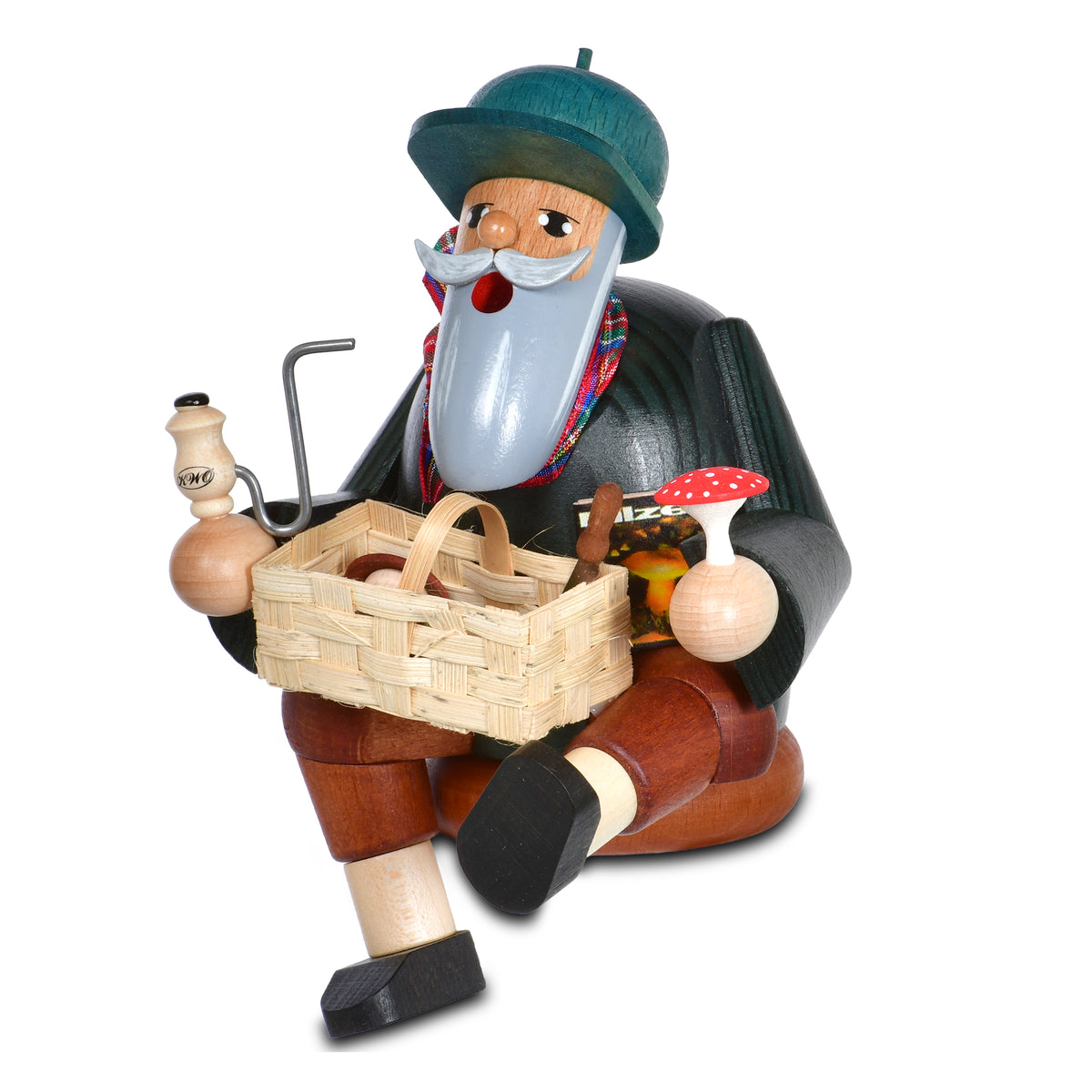 Räuchermann Kantenhocker Pilzsucher, 14 cm von KWO, Serie Die Bärtigen, Art. 21175