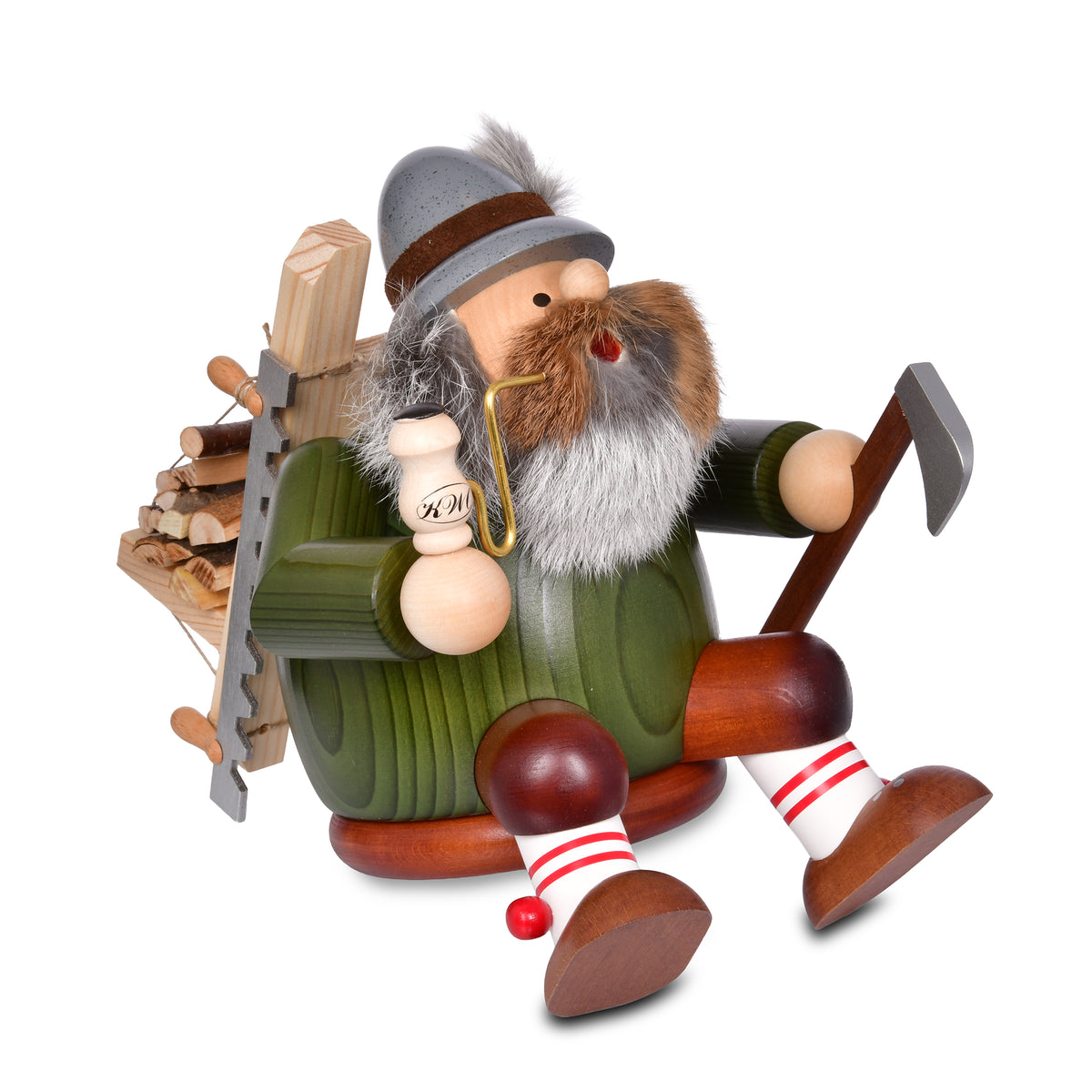 Original KWO Räuchermann Kantenhocker Holzfäller (Art. 21209) aus der Serie „Die Dicken“ sitzend mit Axt, Pfeife und Holztrage auf dem Rücken – traditionelle erzgebirgische Volkskunst aus Olbernhau.