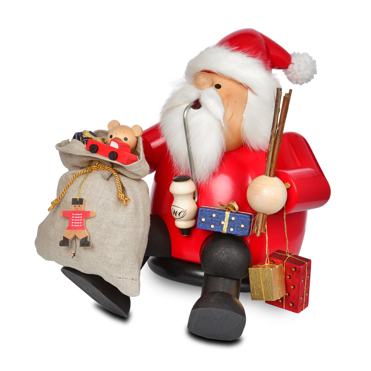KWO Räuchermann Kantenhocker Weihnachtsmann Art. 21210 aus der Serie Die Dicken, rot lackiert mit Geschenkesack – Original erzgebirgische Holzkunst aus Olbernhau.