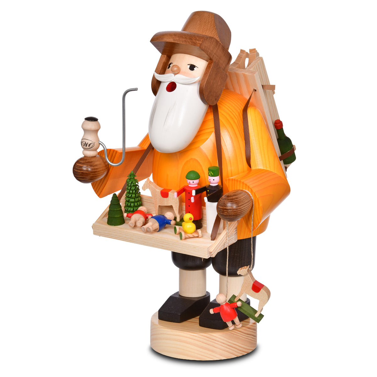 Traditioneller hölzerner Räuchermann „Spielzeughändler“ von KWO. Die gebeizte Figur trägt eine Pfeife, eine Rückentrage (Kiepe) und einen Bauchladen voller kleiner, handbemalter Spielzeuge wie Puppen und Pferde.