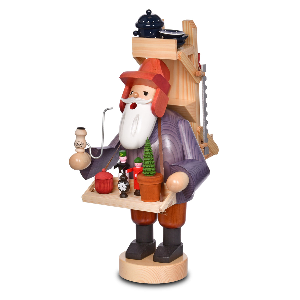 KWO Räuchermann Hausierer Art. 21266 aus der Serie Die Bärtigen, 45 cm große Holzfigur aus dem Erzgebirge mit Bauchladen, Kiepe und Pfeife.