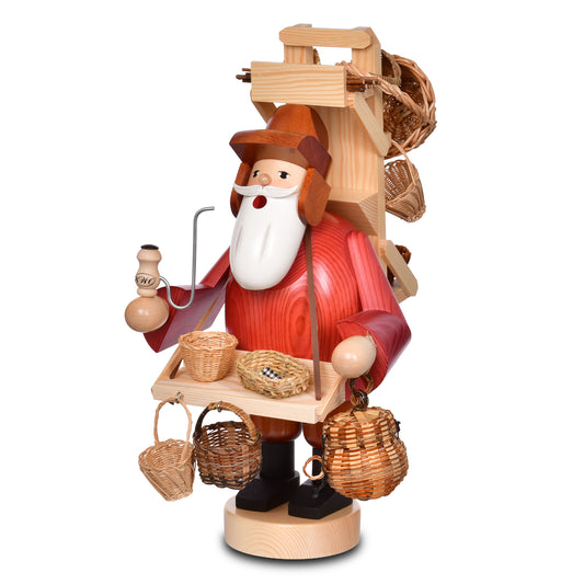 KWO Räuchermann Korbhändler 21269 aus der Serie Die Bärtigen, 45 cm groß, gebeiztes Holz aus dem Erzgebirge, mit Bauchladen und Kiepe voller Miniatur-Körbe.