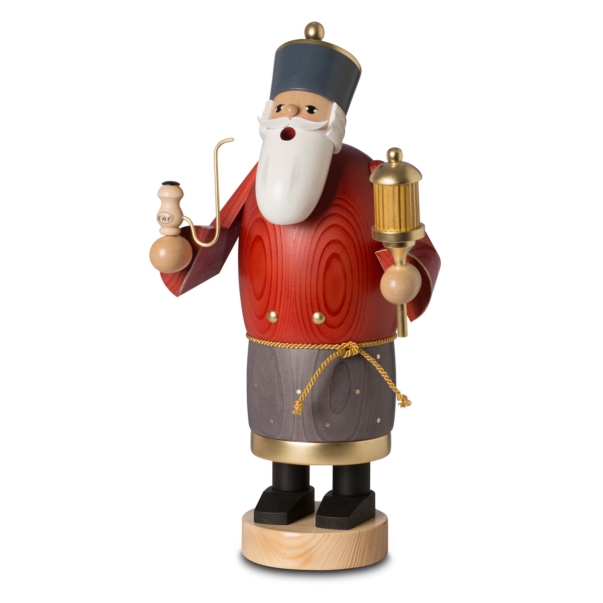 KWO Räuchermann Caspar Art. 21274 aus der Serie Die Bärtigen, originale Erzgebirge Volkskunst in rot-grauem Gewand mit Pfeife, Höhe 42 cm