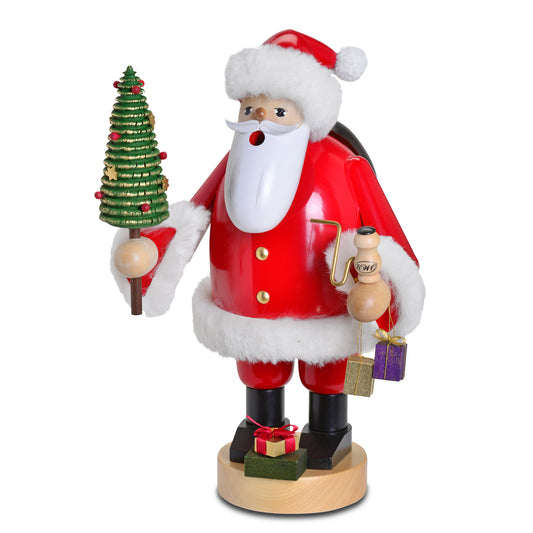 KWO Räuchermann Weihnachtsmann 21275 aus der Serie Die Bärtigen, 36 cm groß, lackiert, Original Erzgebirge Volkskunst mit Miniatur-Weihnachtsbaum und Pfeife.