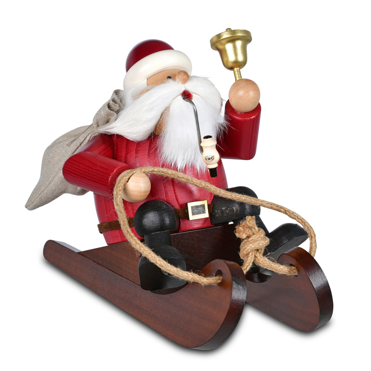KWO Räuchermann Santa Claus mit Schlitten aus der Serie Die Dicken (Art. 21414), handgefertigte rote Weihnachtsmann-Räucherfigur aus dem Erzgebirge mit Glocke und Jutesack.