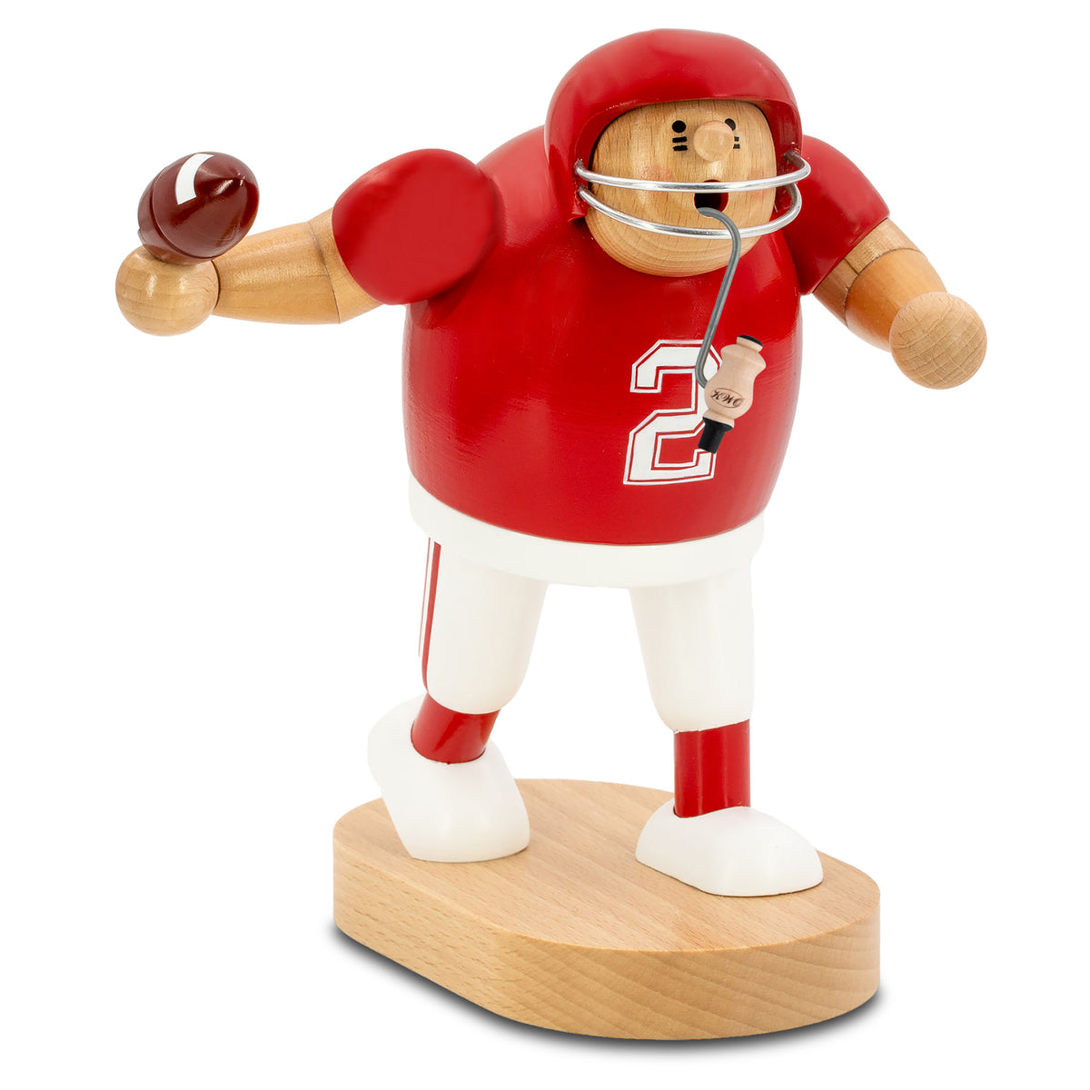 Roter Räuchermann Footballspieler von KWO Erzgebirge, dekorative Holzfigur für American Football Fans und Sammler.