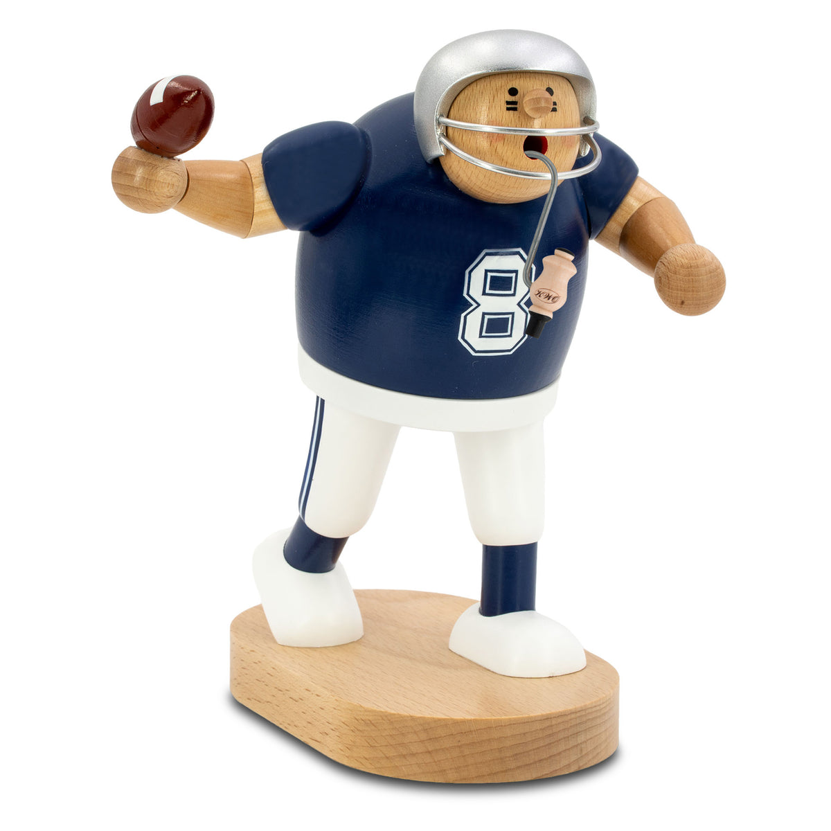 Original KWO Räuchermann Footballspieler in blauem Jersey mit der Nummer 8 und silbernem Helm aus der Serie Die Dicken, hält einen Football in der Hand – Handarbeit aus dem Erzgebirge (Art. 21418).