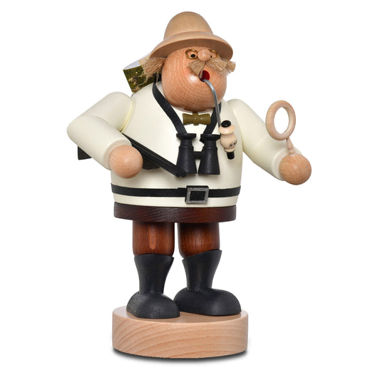 KWO Räuchermann Entdecker 21426 aus der Serie Die Dicken, originale Handarbeit aus dem Erzgebirge, beige lackierte Holzfigur mit Fernglas, Lupe und Gewehr.