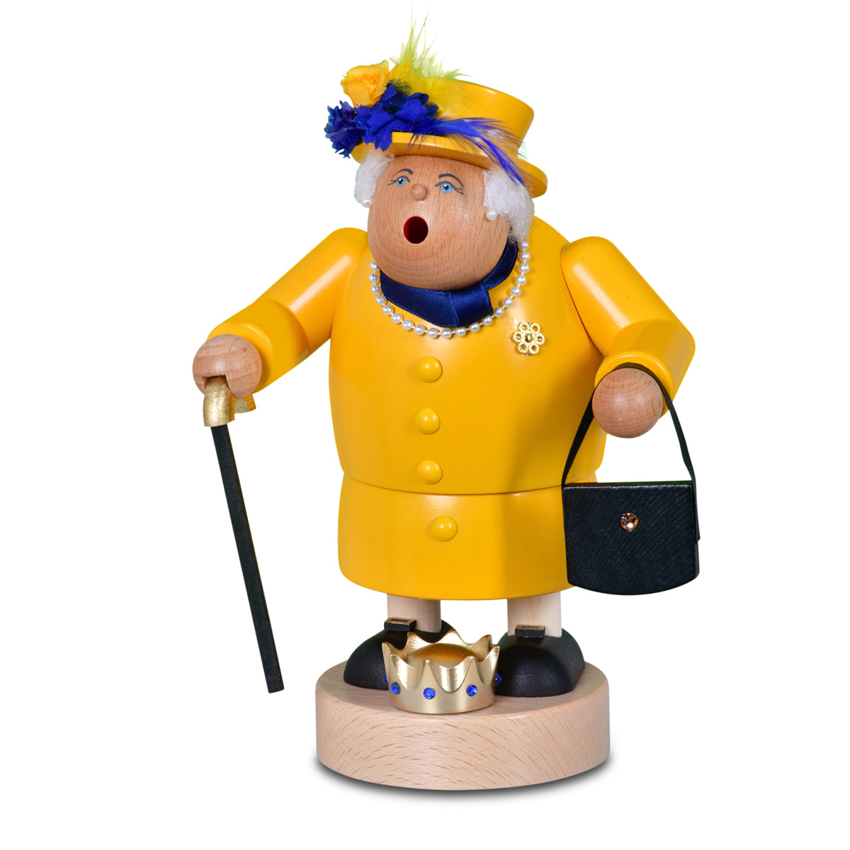 KWO Räuchermann Queen aus der Serie Die Dicken (Art. 21427), handgefertigte Holzfigur aus dem Erzgebirge, im gelben Kostüm mit Hut, Handtasche, Gehstock und kleiner Krone auf rundem Holzsockel