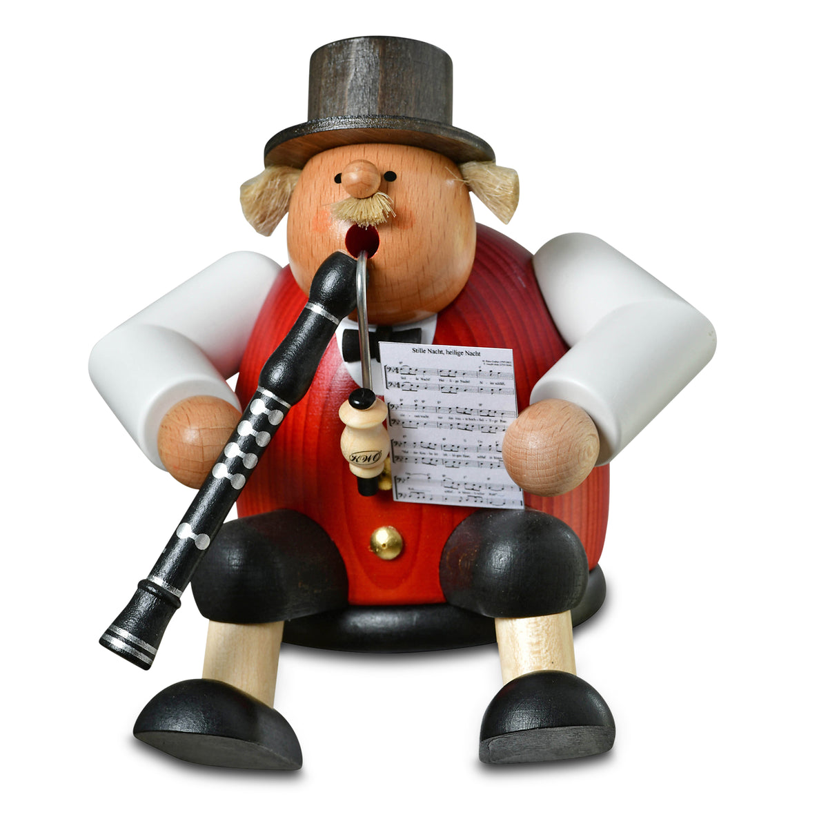 KWO Räuchermann Kantenhocker Musiker mit Klarinette (Art. 21435) aus der Serie Die Dicken, sitzende Holzfigur aus dem Erzgebirge mit Notenblatt.
