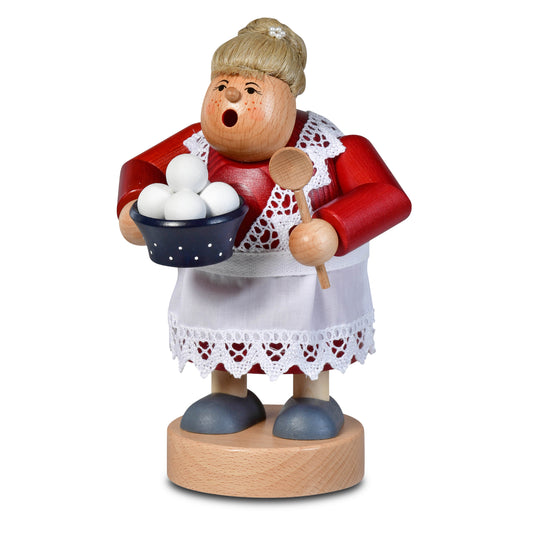 KWO Räuchermann Kloßfrau 21437 aus der Serie Die Dicken, rot lackiert mit weißer Schürze, Kochlöffel und einer Schüssel voller Klöße, original erzgebirgische Holzkunst.