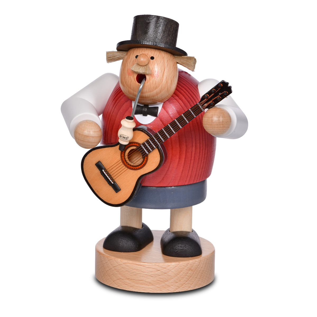 Rot gebeizter KWO Räuchermann Musiker mit Gitarre aus der Serie Die Dicken, traditionelle Holzkunst aus dem Erzgebirge, mit schwarzem Zylinder und Pfeife.