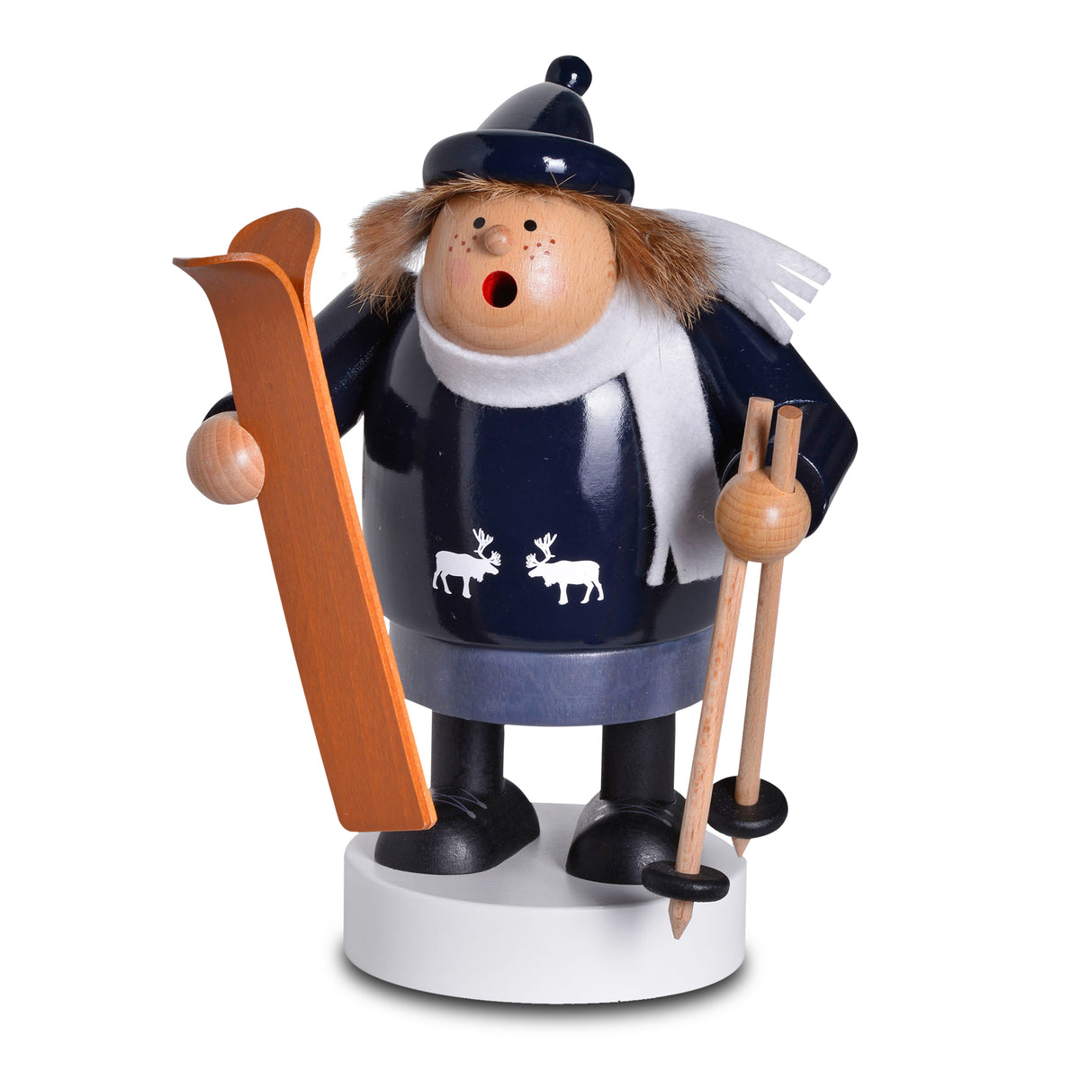 KWO Räuchermann Skifahrerin 21458 aus der Serie Die Dicken, originale Handarbeit aus dem Erzgebirge mit blauen Pullover und Holzskiern.
