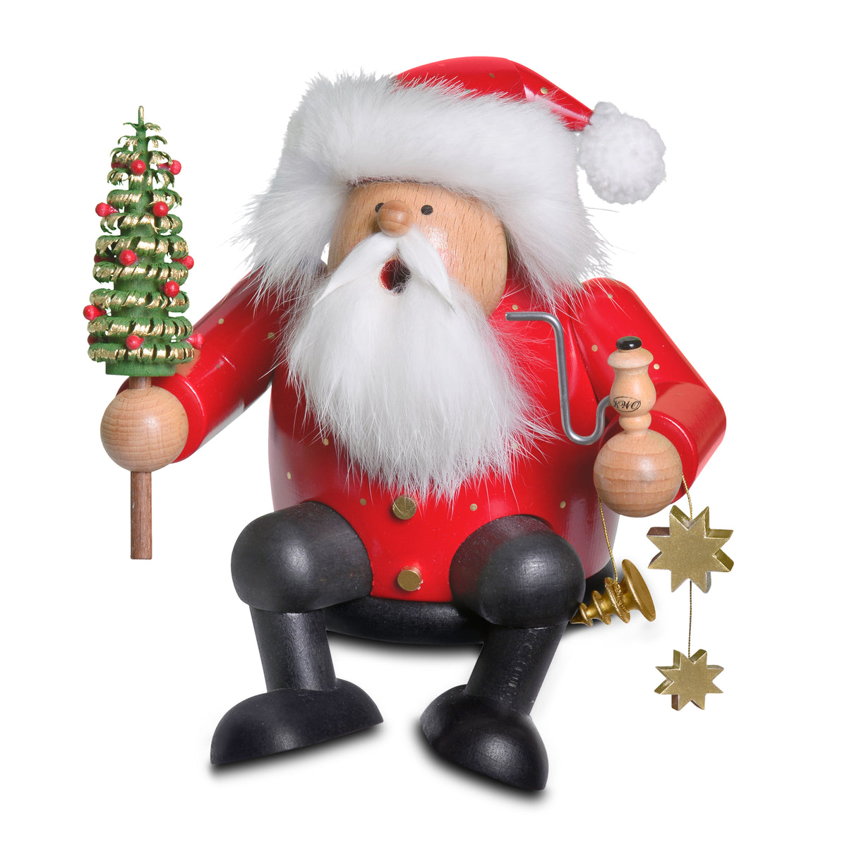 KWO Räuchermann Kantenhocker Weihnachtsmann Art. 21460 aus der Serie Die Dicken, Handarbeit aus dem Erzgebirge mit Pfeife und Tannenbaum