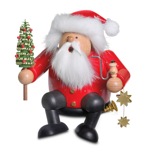 KWO Räuchermann Kantenhocker Weihnachtsmann Art. 21460 aus der Serie Die Dicken, Handarbeit aus dem Erzgebirge mit Pfeife und Tannenbaum