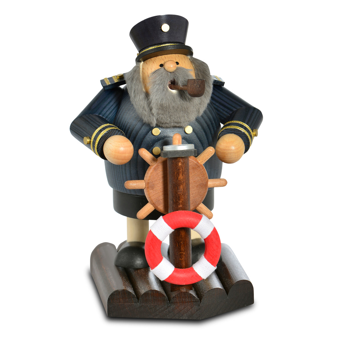 Räuchermann Kapitän aus der KWO-Serie „Die Dicken“ mit blauer Jacke, Kapitänsmütze, Pfeife, Steuerrad und Rettungsring.