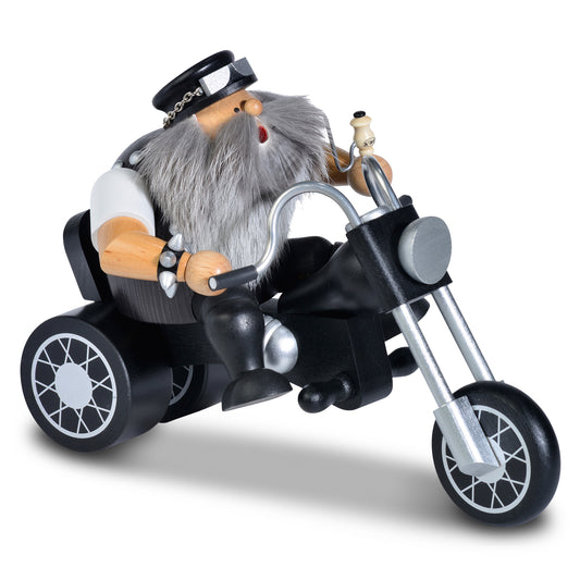 Original KWO Räuchermann Easy Rider (Art. 21492) aus der Serie Die Dicken. Handgefertigter Biker mit grauem Bart und Lederkappe auf einem schwarzen Trike-Motorrad, hergestellt im Erzgebirge.
