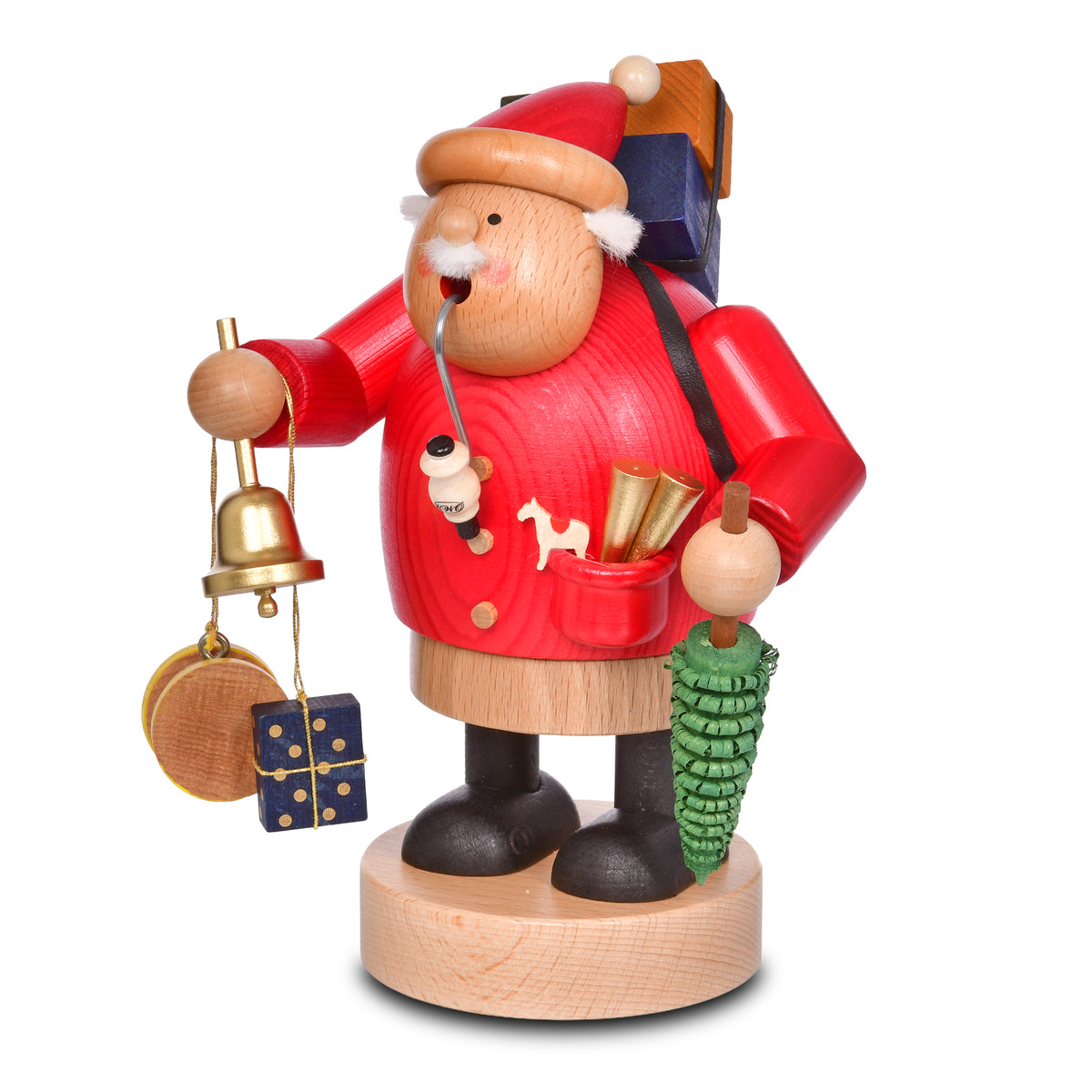 KWO Räuchermann Weihnachtsmann aus der Serie Die Dicken (Art. 21507) in Rot gebeizt, handgefertigt im Erzgebirge, hält eine goldene Glocke, ein Geschenk und einen kleinen Tannenbaum.