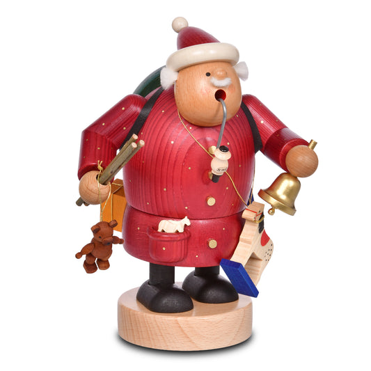 Original KWO Räuchermann „nostalgischer Weihnachtsmann“ (Art. 21511) aus der Serie „Die Dicken“ – rot gebeizte Holzfigur aus dem Erzgebirge mit Pfeife, goldener Glocke, kleinem Holzpferd und Teddybär.
