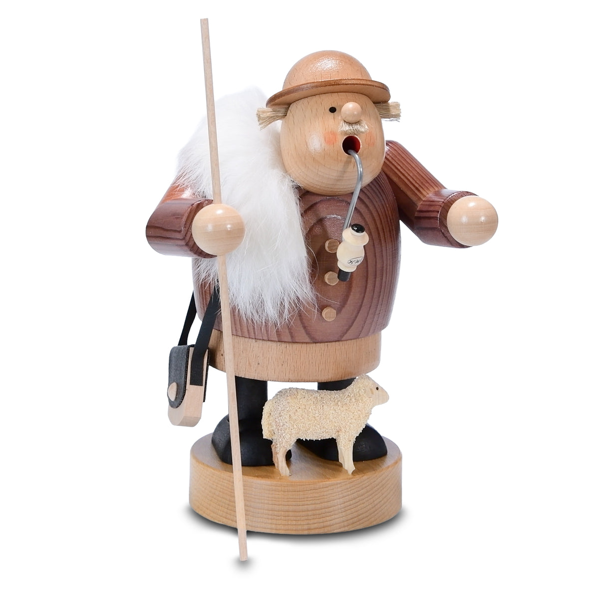 KWO Räuchermann Schäfer 21512 aus der Serie Die Dicken, gebeiztes Holz mit weißer Fellweste, Hirtenstab und kleinem Schaf – Original Erzgebirge Handarbeit.