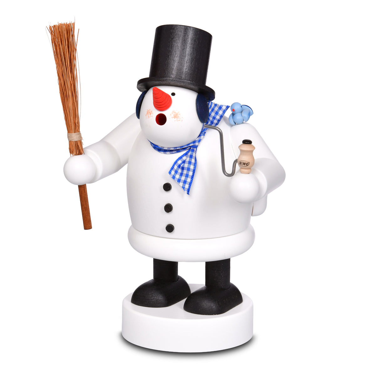 Original KWO Räuchermann Schneemann 21514 aus der Serie Die Dicken, handgefertigt im Erzgebirge, lackiert, mit schwarzem Zylinder, Besen, Pfeife und blauem Vogel.