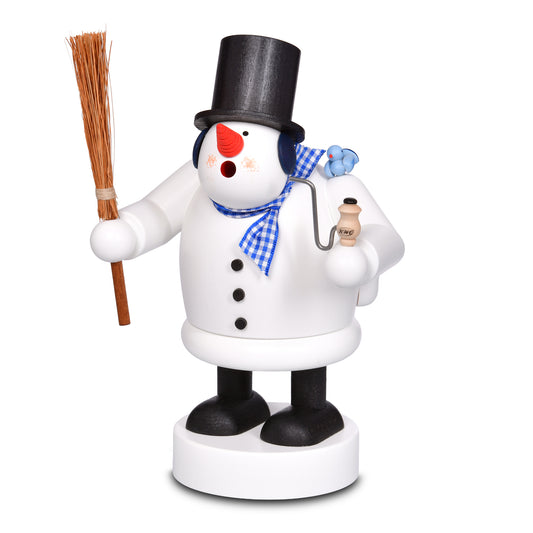 Original KWO Räuchermann Schneemann 21514 aus der Serie Die Dicken, handgefertigt im Erzgebirge, lackiert, mit schwarzem Zylinder, Besen, Pfeife und blauem Vogel.