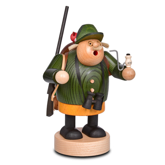 Original KWO Räuchermann Jäger 21515 aus der Serie Die Dicken, gebeizte Holzfigur aus dem Erzgebirge mit Flinte, Fernglas und Pfeife.