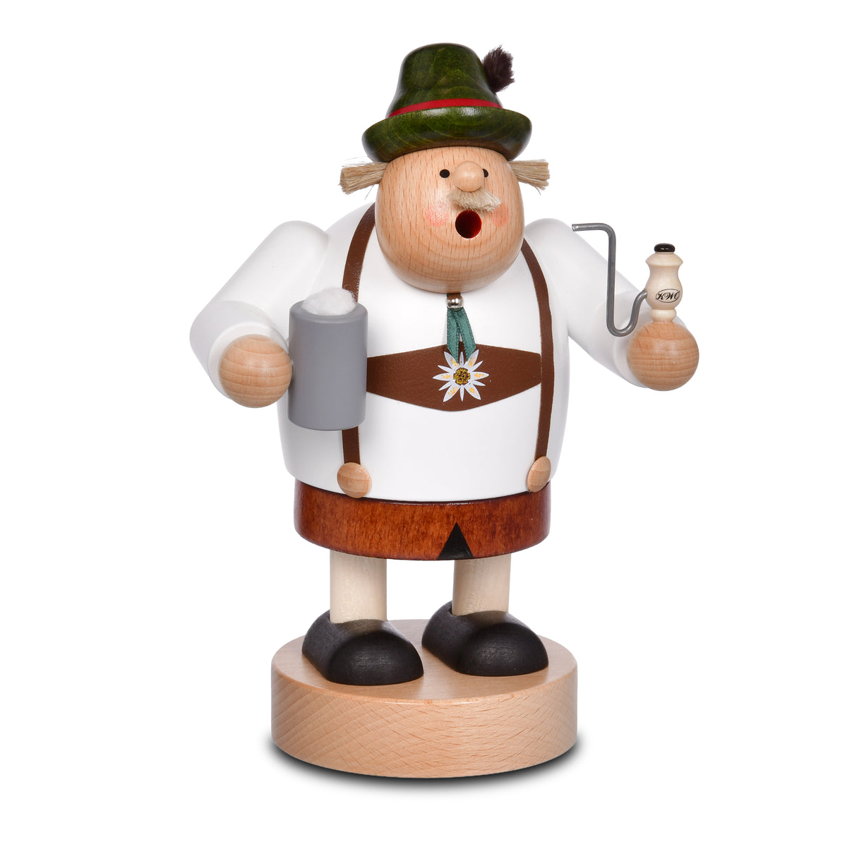 Original KWO Räuchermann Bayer Art. 21550 aus der Serie Die Dicken in traditioneller Lederhose mit Bierkrug und Pfeife.