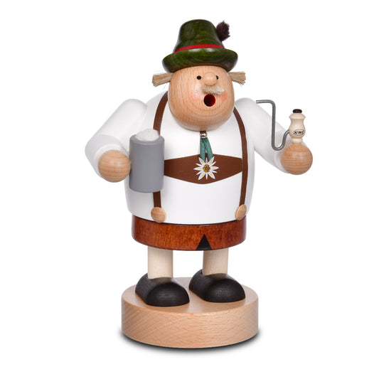 Original KWO Räuchermann Bayer Art. 21550 aus der Serie Die Dicken in traditioneller Lederhose mit Bierkrug und Pfeife.