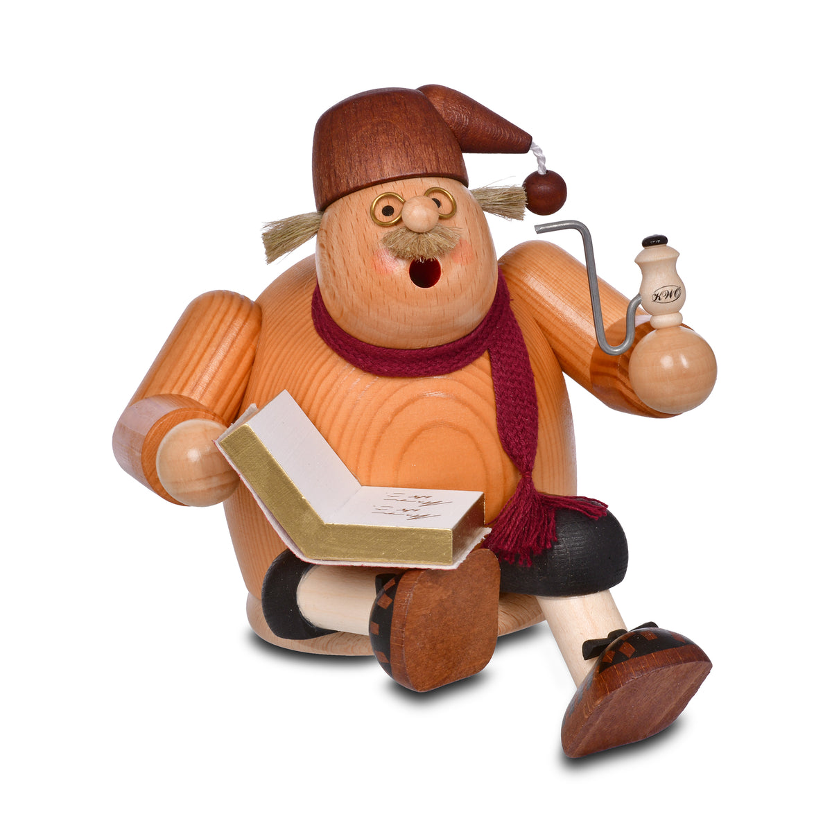 KWO Räuchermann Kantenhocker Geschichtenerzähler Art. 21564 aus der Serie Die Dicken, gebeiztes Holz mit rotem Schal, Brille, Buch und Pfeife.
