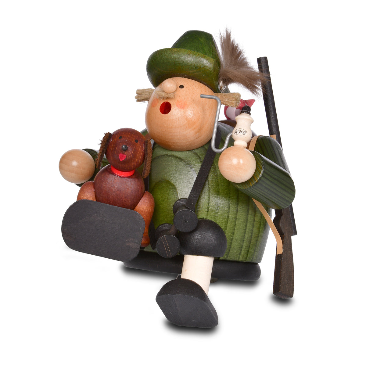 KWO Räuchermann Kantenhocker Jäger 21567 aus der Serie Die Dicken, gebeiztes Holz, mit Jagdhund und Gewehr, traditionelle erzgebirgische Volkskunst.
