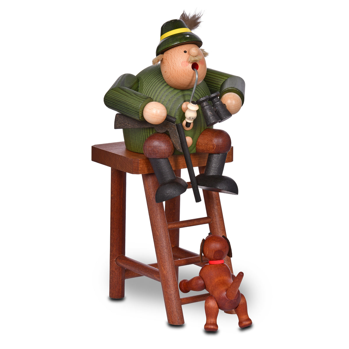 KWO Räuchermann Kantenhocker Jäger auf Hochsitz Art. 21568 aus der Serie Die Dicken, sitzend auf Holzleiter mit Hund.