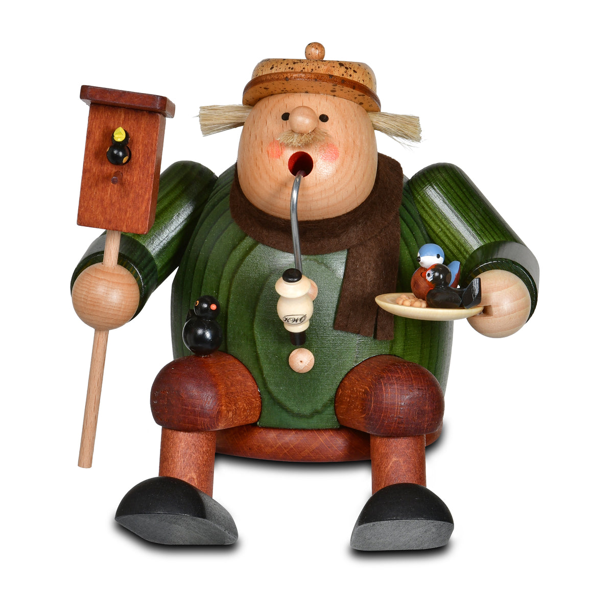 KWO Räuchermann Kantenhocker Vogelfreund Art. 21570 aus der Serie Die Dicken, gebeizte Holzfigur aus dem Erzgebirge mit Vogelhaus, Pfeife und kleinen Vögeln.
