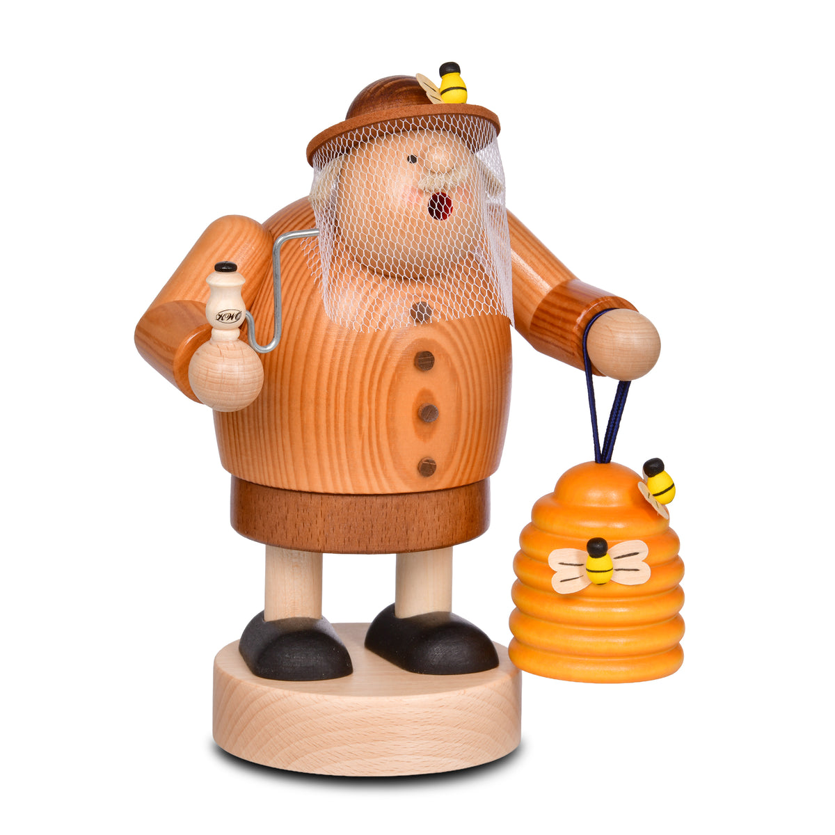 KWO Räuchermann Imker aus der Serie Die Dicken (Art. 21571), gebeizte Holzfigur aus dem Erzgebirge mit Schutznetz, Pfeife und einem Bienenkorb mit kleinen Bienen.