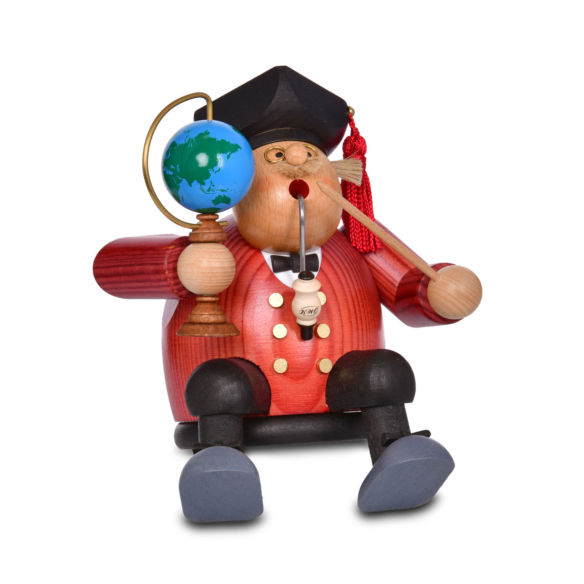 KWO Räuchermann Kantenhocker Professor Art. 21588 aus Holz mit Globus, Doktorhut und Pfeife – Erzgebirgische Volkskunst.