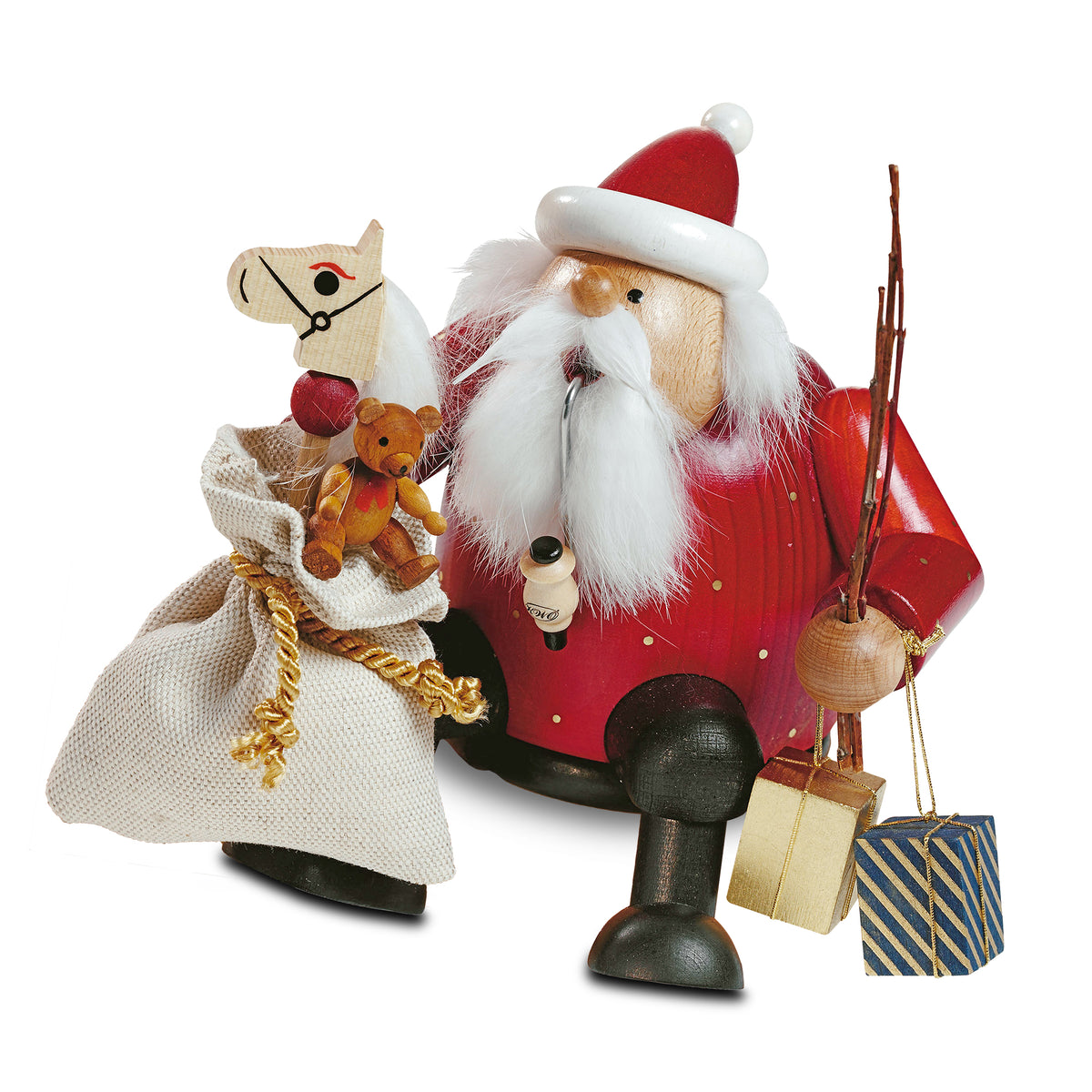 KWO Räuchermann Kantenhocker Weihnachtsmann Art 21608 Die Dicken aus Holz mit Geschenkesack Steckenpferd und Teddy Bär Handarbeit Erzgebirge