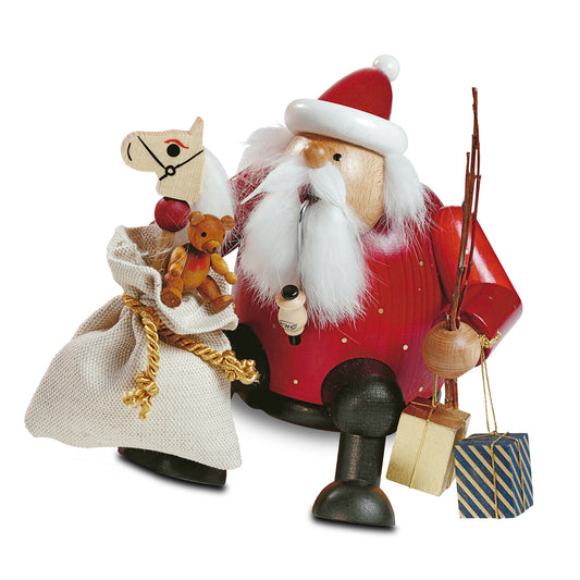 KWO Räuchermann Kantenhocker Weihnachtsmann Art 21608 Die Dicken aus Holz mit Geschenkesack Steckenpferd und Teddy Bär Handarbeit Erzgebirge