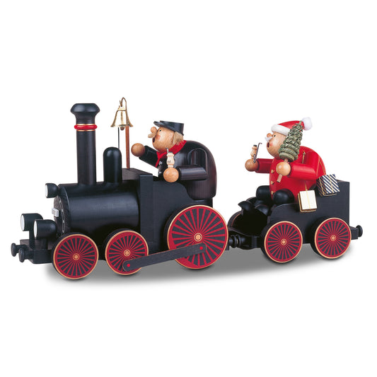 KWO Räuchermann Set 21609 aus Holz: Eine schwarze Dampflokomotive mit Lokführer, angehängtem Wagen und dem Weihnachtsmann mit Tannenbaum und Geschenken. Handarbeit aus dem Erzgebirge aus der Serie Die Dicken.