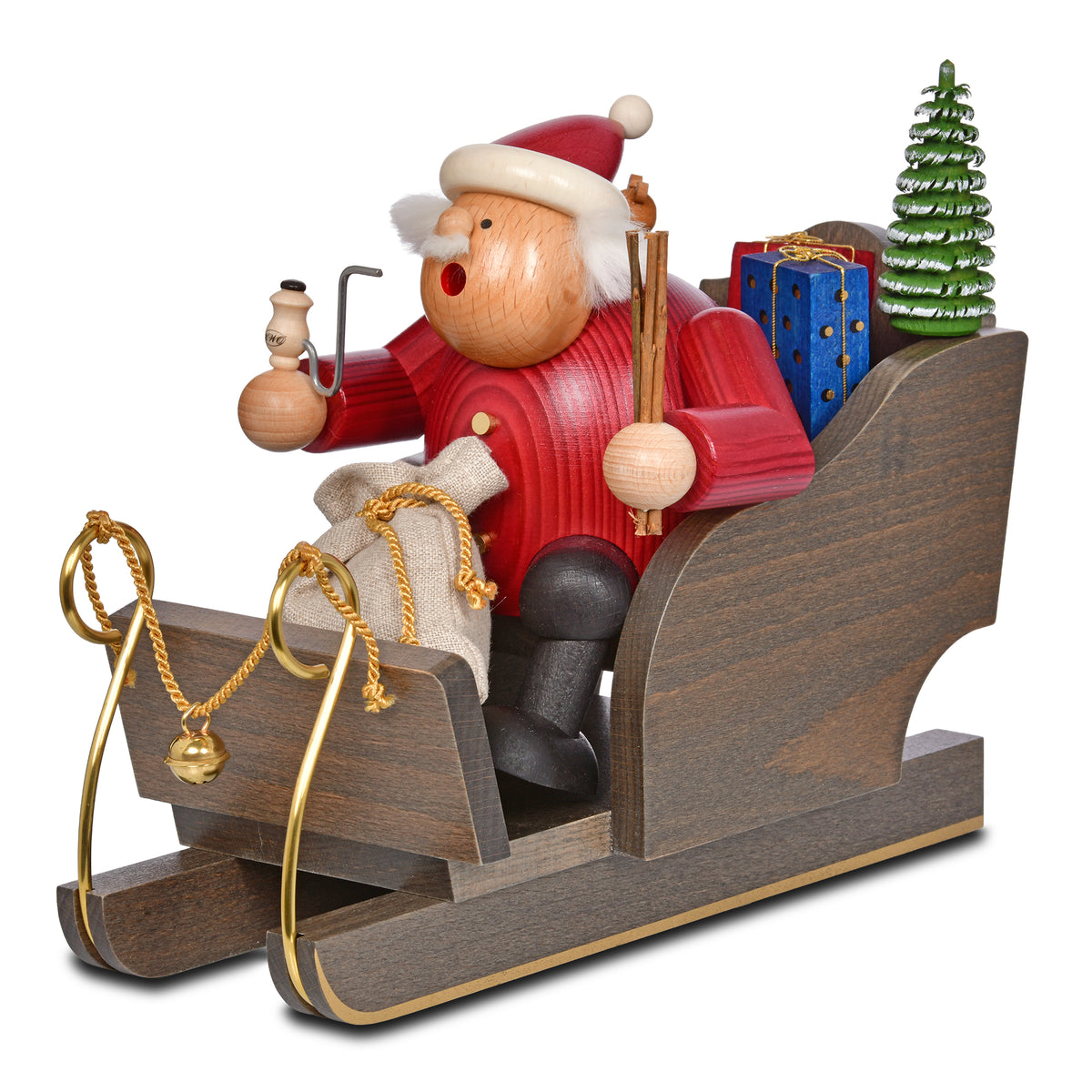 KWO Räuchermann Weihnachtsmann mit Schlitten rot gebeizt Serie Die Dicken Art 21611 Erzgebirge Holzkunst