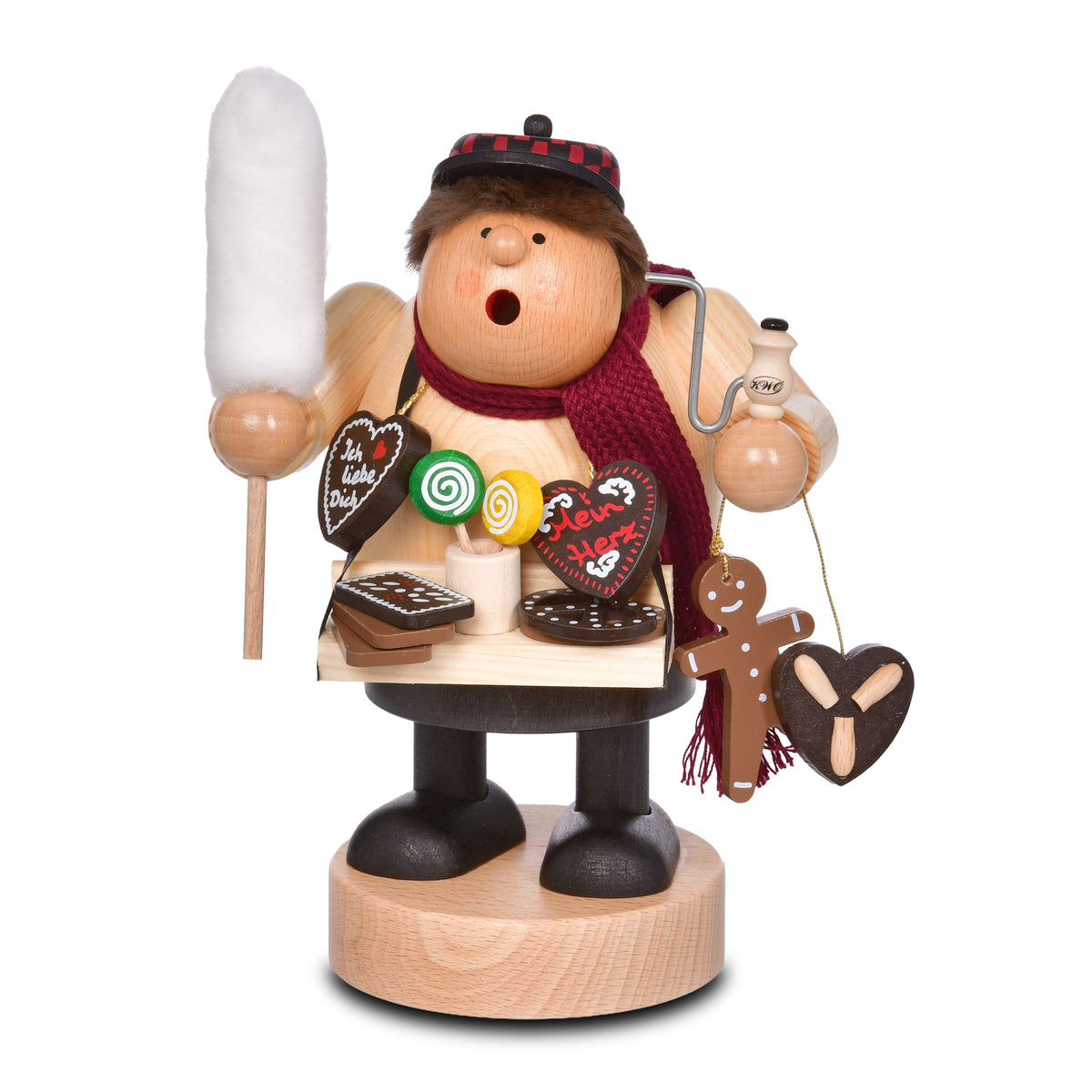 Räuchermann Lebkuchenverkäufer von KWO aus Holz mit Bauchladen voller Lebkuchenherzen, Zuckerwatte und Pfeife