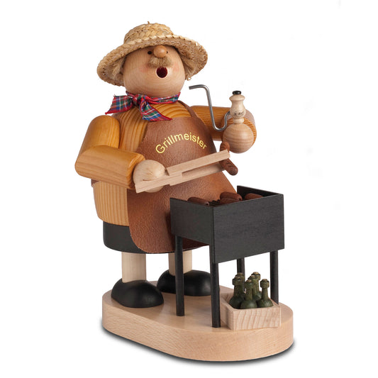 KWO Räuchermann Grillmeister aus der Serie Die Dicken mit Strohhut, Grillzange und Getränkekiste