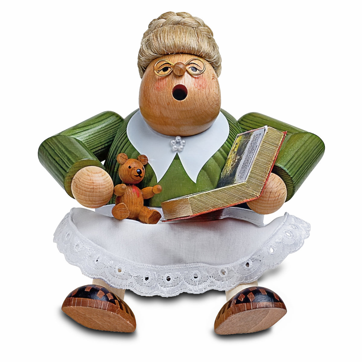 KWO Räucherfrau Kantenhocker Märchentante gebeizt mit Märchenbuch und Teddybär Erzgebirge Holzkunst Art 21674