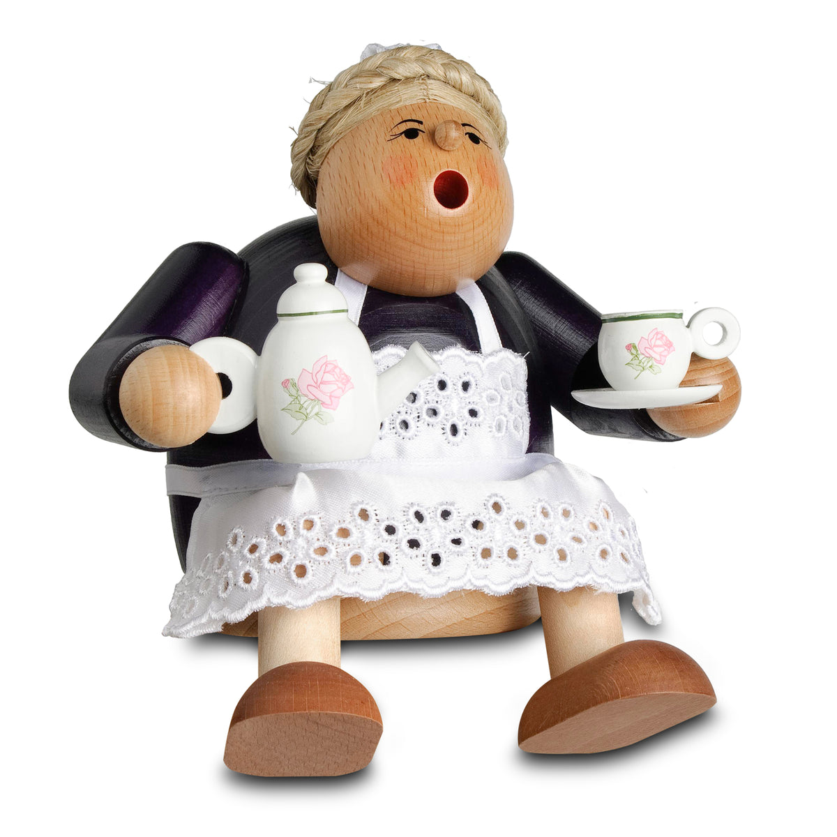 KWO Räucherfrau Kantenhocker Kaffeetante gebeizt (Art. 21688) mit Kaffeekanne, Tasse und Spitzenschürze – Erzgebirge Holzkunst