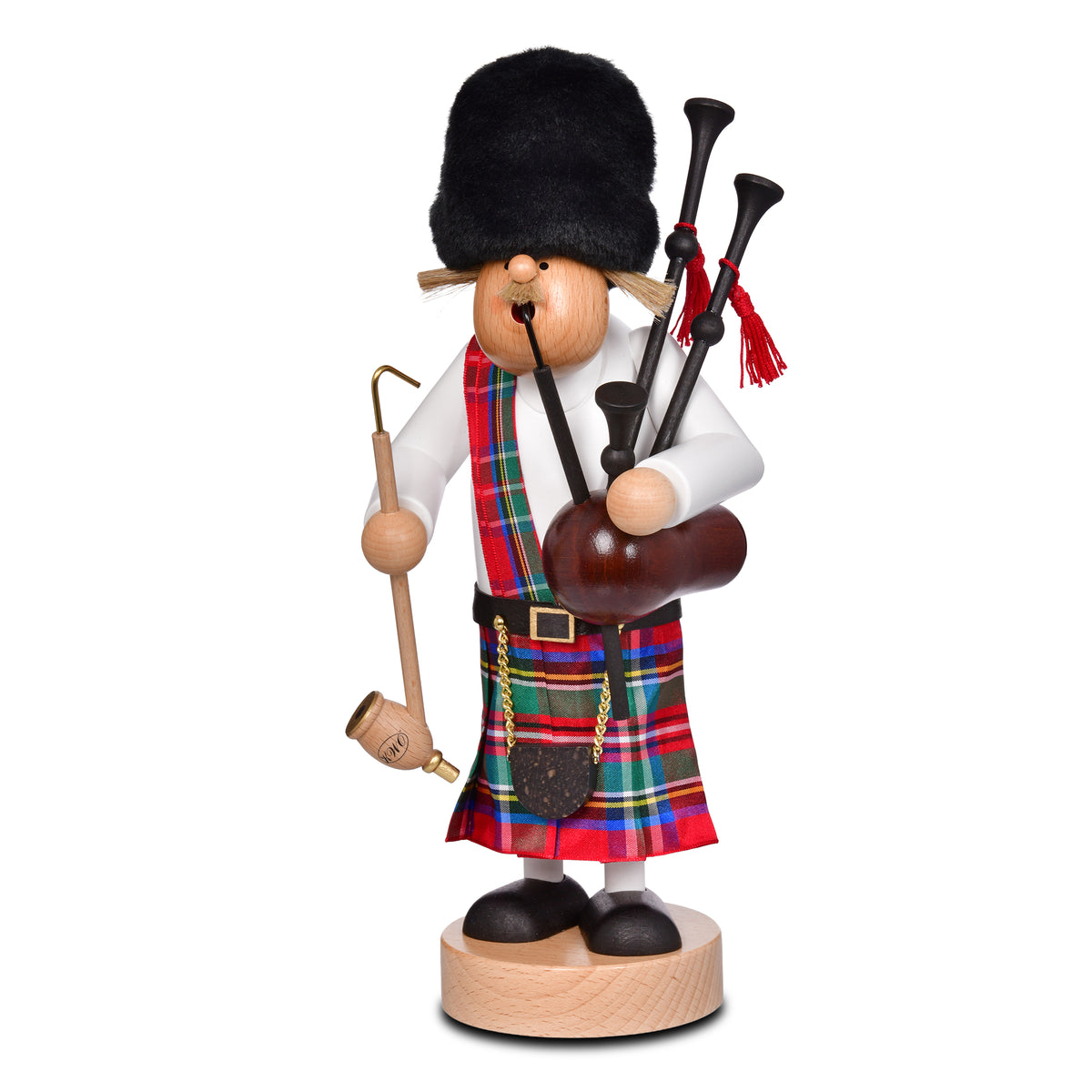 KWO Räuchermann Schotte aus der Serie Die Dünnen spielt Dudelsack mit Kilt und Pfeife, echte Erzgebirge Handarbeit.