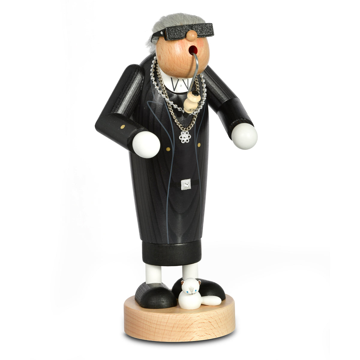 KWO Räuchermann Modezar (Karl Lagerfeld Optik) mit Sonnenbrille, Zopf und Katze – Serie „Die Dünnen“, Erzgebirge Holzkunst