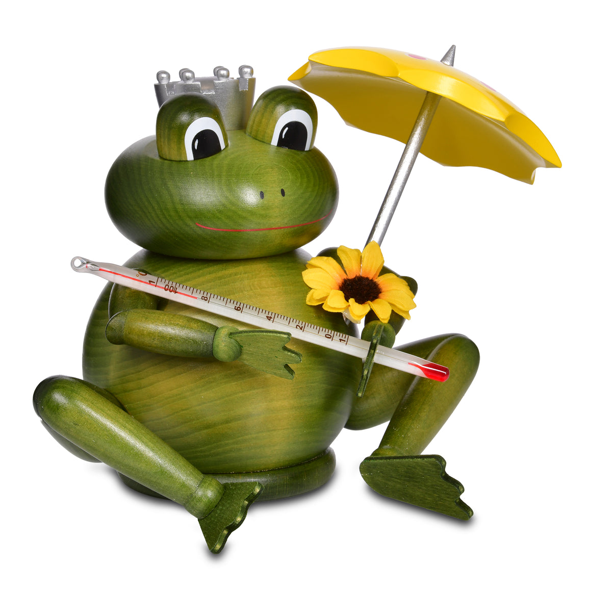 KWO Räuchermann Wetterfrosch Art. 21798 grün gebeizt aus dem Erzgebirge mit Regenschirm und Thermometer