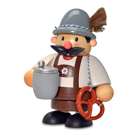 KWO Räuchermann Bayer mini (Art. 25031) aus Holz mit Lederhose, Bierkrug und Brezel – Erzgebirge Kunsthandwerk