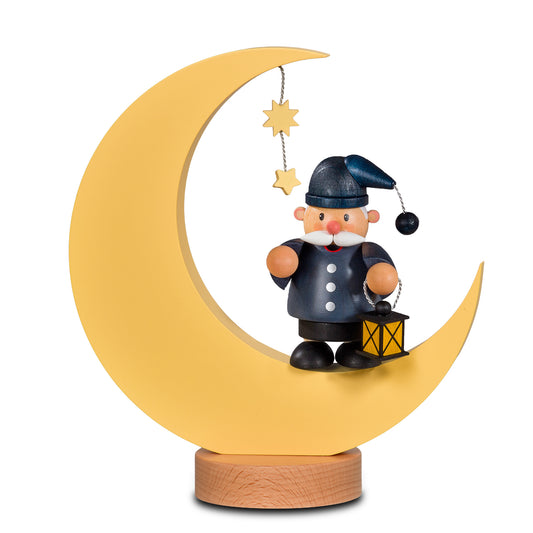 Handgefertigter KWO Räuchermann Mann im Mond mini (Art. 25035) aus der Serie Kleine Kerle auf gelber Mondsichel mit Laterne, Holzkunst aus Olbernhau im Erzgebirge.