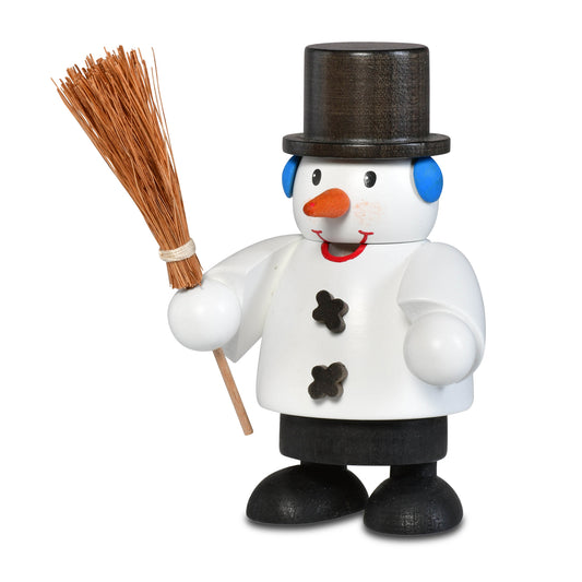 KWO Räuchermann Schneemann 10cm weiß lackiert Serie Die kleinen Kerle Art 25036 mit Besen und Zylinder erzgebirgische Holzkunst